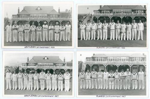 Scarborough Cricket Festival. Gentlemen v Players 1956 & 1957. Four mono real photograph plain back postcards of the Gentlemen and Players teams at Scarborough. Players depicted standing in one row wearing cricket attire in front of the pavilion for the m