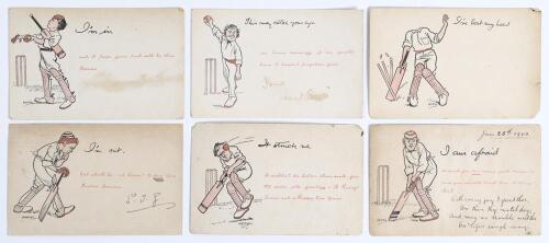 Early comical cricket postcards c.1901. Full set of six Victorian postcards, each depicting a caricature of a cricketer by the artist &lsquo;A.P.F.R.&rsquo; printed in red and black. Titles are &lsquo;I&rsquo;m in&rsquo;, I&rsquo;m out&rsquo;, &lsquo;This may catch your eye&rsquo;, &lsquo;I&rsquo;ve lost my head&rsquo;, &lsquo;It s