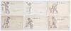 Early comical cricket postcards c.1901. Full set of six Victorian postcards, each depicting a caricature of a cricketer by the artist &lsquo;A.P.F.R.&rsquo; printed in red and black. Titles are &lsquo;I&rsquo;m in&rsquo;, I&rsquo;m out&rsquo;, &lsquo;This may catch your eye&rsquo;, &lsquo;I&rsquo;ve lost my head&rsquo;, &lsquo;It s