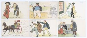 Davidson Bros. &lsquo;Cricket Phrases Illustrated&rsquo; Series 2504 c.1903. Full set of six Edwardian comical cricket postcards, each depicting a colour cartoon depicting visual puns of cricketing terms by the artist &lsquo;Tom B&rsquo; (Tom Browne). Titles are &lsquo;A &ldquo;Cut&rdquo; for Two