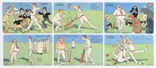 Davidson Bros. &lsquo;Humours of Cricket&rsquo; Series 2616 c.1908. Full set of six numbered Edwardian comical postcards, each of a colour cartoon of a humorous cricket scene by the artist &lsquo;Tom B&rsquo; (Tom Browne). Titles are &lsquo;The Penalty of Fame. Autograph Fiends&rsquo;, Jum