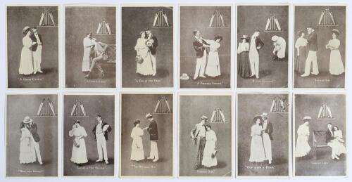 &lsquo;H.G.L.&rsquo; (Henry Garner of Leicester) &lsquo;Living Picture Series&rsquo; c. 1907. Full set of twelve humorous Edwardian postcards, each depicting a sepia printed image of a courting couple with cricket-related caption. Titles are &lsquo;A Good Catch&rsquo;, &lsquo;A Good Innings&rsquo;, &lsquo;A 