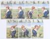 Raphael Tuck & Sons &lsquo;Oilette Remarque. A Coming Cricketer&rsquo; c.1907. Series no. 9375. Full set of six humorous Edwardian colour postcards of cartoons of a boy cricketer by G.E. Shepheard. Titles are &lsquo;Play&rsquo;, &lsquo;Boundary&rsquo;, &lsquo;A Cut&rsquo;, &lsquo;Hard Hitting&rsquo;, &lsquo;Well Stopped