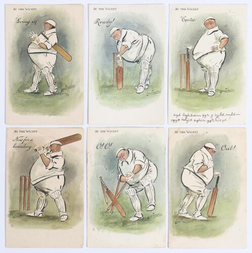 Raphael Tuck & Sons &lsquo;At The Wicket&rsquo; Series 955 c.1903. Full set of six humorous Edwardian colour postcards of cartoons of a rotund cricketer by Lance Thackeray. Titles are &lsquo;Going In&rsquo;, &lsquo;Ready!&rsquo;, &lsquo;Centre&rsquo;, &lsquo;Now for a Boundary&rsquo;, &lsquo;O! O!&rsquo;, and &lsquo;Out!&rsquo;. Three wi