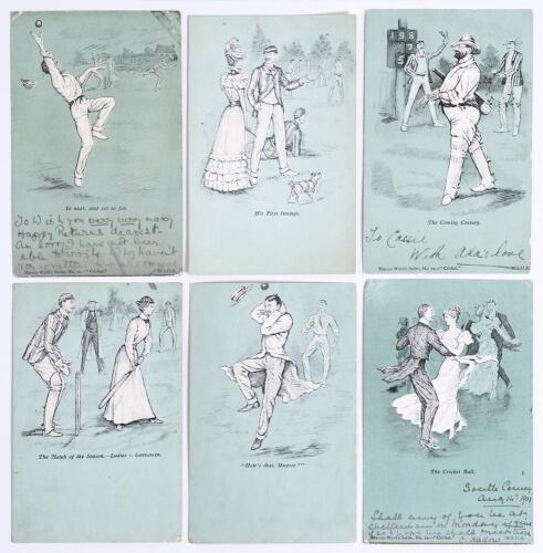 Marcus Ward&rsquo;s Series, No. 12- &ldquo;Cricket&rdquo; c.1903. Full set of six humorous Edwardian postcards, each depicting a cricket illustration on aquamarine background with cricket-related caption. Titles are &lsquo;So near, and yet so far&rsquo;, &lsquo;His First Innings&rsquo;, The Comin