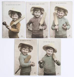 Boy cricketer. Rotary Series A.1451 c.1914. Nos. 1-5 from the set of six attractive numbered Edwardian &lsquo;hand painted&rsquo; real photograph colour postcards of a smiling young boy depicted half length wearing a sun hat in various poses with bat and/ or ball in 