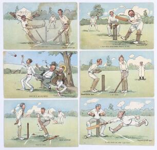 &lsquo;E.S. London&rsquo; Series No. 97 1906. Full set of six comical Edwardian colour postcards of cartoons cricketing scenes by Donald McGill, dated 1906. Titles are &lsquo;I&rsquo;m sorry you were out&rsquo; (staining and small tear), &lsquo;I don&rsquo;t think you&rsquo;d better depend on me&rsquo;, &lsquo;Don