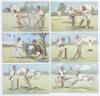 &lsquo;E.S. London&rsquo; Series No. 97 1906. Full set of six comical Edwardian colour postcards of cartoons cricketing scenes by Donald McGill, dated 1906. Titles are &lsquo;I&rsquo;m sorry you were out&rsquo; (staining and small tear), &lsquo;I don&rsquo;t think you&rsquo;d better depend on me&rsquo;, &lsquo;Don
