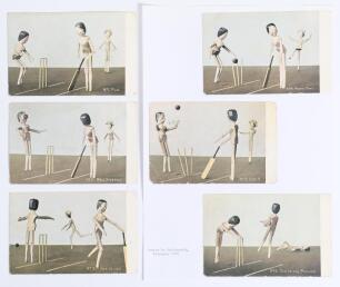 National Series Cricket mannequin dolls series c.1904. Full set of six humorous numbered colour postcards of mannequin dolls in various cricketing poses. Titles are 1. &lsquo;Play&rsquo;, 2. &lsquo;Well stopped&rsquo;, 3. &lsquo;Two to leg&rsquo;, 4. &lsquo;How&rsquo;s that?&rsquo;, 5. &lsquo;Out!!!&rsquo;, and 6. &lsquo;Off 