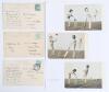 National Series Cricket mannequin dolls series c.1904. Full set of six humorous numbered colour postcards of mannequin dolls in various cricketing poses. Titles are 1. &lsquo;Play&rsquo;, 2. &lsquo;Well stopped&rsquo;, 3. &lsquo;Two to leg&rsquo;, 4. &lsquo;How&rsquo;s that?&rsquo;, 5. &lsquo;Out!!!&rsquo;, and 6. &lsquo;Off - 2