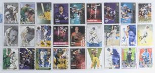Australian signed trade cards. A good selection of fifty four modern Australian issue collectors&rsquo; cards, each signed by the featured player. Signatures include Alan Davidson, Doug Walters, Arthur Morris, Neil Harvey, Ian Davies, Graham Thorpe, Stuart Broa