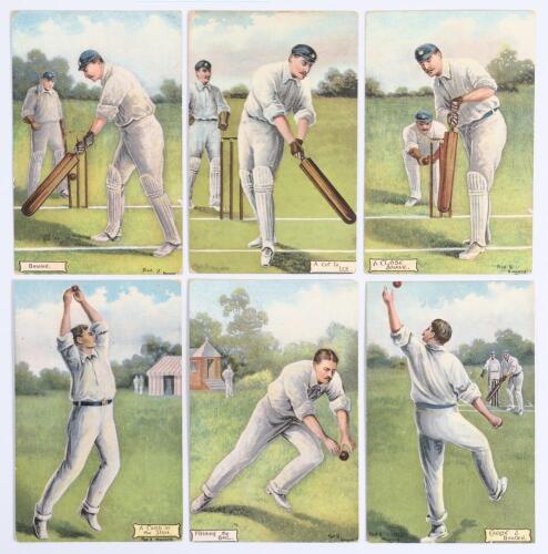 Misch & Co., &lsquo;Cricketers&rsquo; Series No. 478 c.1907. Full set of six colour postcards of illustrations of cricketers by Fred. S. Howard depicting various batting and fielding terms. Titles are &lsquo;Bowled&rsquo;, &lsquo;A Cut to leg&rsquo;, &lsquo;A close shave&rsquo;, &lsquo;A catch in the slips&rsquo;,
