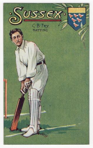 &lsquo;C.B. Fry Batting&rsquo;. Early colour postcard with an illustration of Fry depicted in batting pose on a green background, with decorative &lsquo;Sussex&rsquo; title and emblem to side. Dainty series. Postally unused. Good condition. Rare.