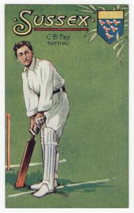 &lsquo;C.B. Fry Batting&rsquo;. Early colour postcard with an illustration of Fry depicted in batting pose on a green background, with decorative &lsquo;Sussex&rsquo; title and emblem to side. Dainty series. Postally unused. Good condition. Rare.