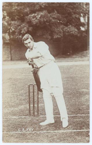Charles Burgess Fry. Sussex, Hampshire, Oxford University, Europeans & England 1892-1922. Early sepia real photograph postcard of Fry full length at the wicket in batting stance. Printed title &lsquo;C.B. Fry&rsquo;. Blind embossed stamp for Foster of Brighton to low