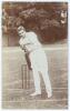Charles Burgess Fry. Sussex, Hampshire, Oxford University, Europeans & England 1892-1922. Early sepia real photograph postcard of Fry full length at the wicket in batting stance. Printed title &lsquo;C.B. Fry&rsquo;. Blind embossed stamp for Foster of Brighton to low