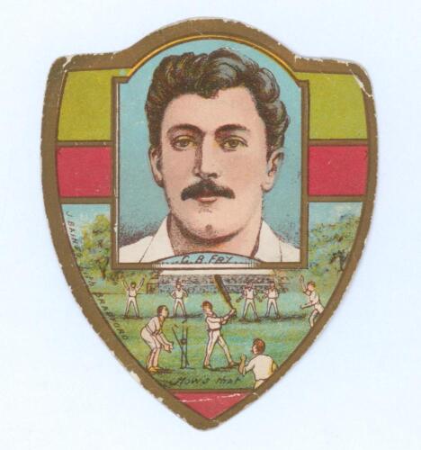 Charles Burgess Fry. Sussex, Hampshire, Oxford University, Europeans & England 1892-1922. Rare colour shield-shaped trade card by J. Baines Litho of Bradford c.1895 depicting Fry head and shoulders and named to centre, and image of a cricket match beneath