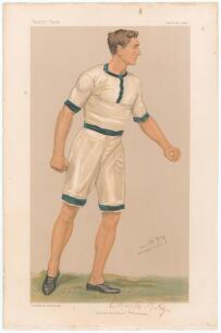 Charles Burgess Fry, Sussex & England 1892-1921. Signed Vanity Fair colour chromolithograph of Fry. &lsquo;Oxford Athletics&rsquo;. April 19th 1894 by SPY. Nicely signed by Fry in black ink to lower right border. Odd foxing spot to border, slight nick to top page ed