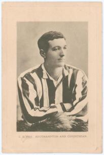 Charles Burgess Fry. Mono real photograph studio portrait postcard of Fry, head and shoulders wearing Southampton F.C. jersey. Printed title to lower margin &lsquo;C.B. Fry. Southampton & Corinthian&rsquo;. Wrench Series of &lsquo;Footballers&rsquo; (first series), no. 2162, iss