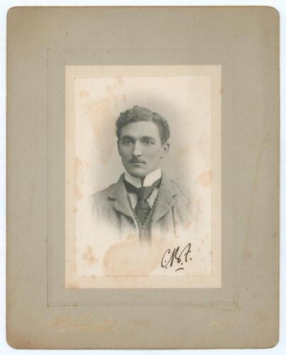 Charles Burgess Fry. Sussex, Hampshire, Oxford University, Europeans & England 1892-1922. A superb studio portrait photograph of Fry, head and shoulders, wearing shirt, tie and three piece suit. Nicely signed in his initials &lsquo;C.B.F.&rsquo; in black ink by Fry t