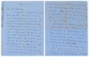 Charles Burgess Fry. Sussex, Hampshire, Oxford University, Europeans & England 1892-1922. Double sided two page handwritten letter in ink from Fry at &lsquo;Hamble, Hants&rsquo;, to a Mr Stalworthy, dated 16th May 1922. Fry is replying to a request for advice on how 