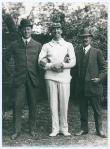 Charles Burgess Fry. Sussex, Hampshire, Oxford University, Europeans & England 1892-1922. The Triangular Tournament 1912. England v Australia and v South Africa. Original press photograph of the three Captains, Frank Mitchell (South Africa), C.B. Fry (Eng