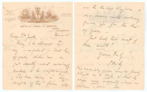 Charles Burgess Fry. Sussex, Hampshire, Oxford University, Europeans & England 1892-1922. Two page double sided handwritten letter in ink from Fry to &lsquo;Dear Dr. Jack&rsquo;, written on &lsquo;Nautical School T.S. Mercury, Hamble, Southampton&rsquo; letterhead, and dated 4th