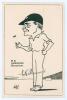 Walter Reginald &lsquo;Wally&rsquo; Hammond. Gloucestershire & England 1920-1951. Original pen and ink caricature of Hammond, full length tossing a coin, by &lsquo;Victad&rsquo;. Signed in ink by Hammond and the artist, dated 1939. 4.75&rdquo;x7.25&rdquo;. Label for &lsquo;Victad. The Cricket Art