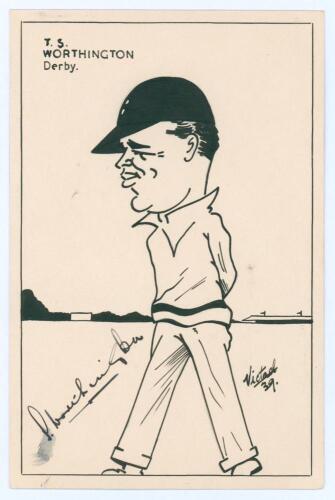 Thomas Stanley &lsquo;Stan&rsquo; Worthington. Derbyshire & England 1924-1947. Original pen and ink caricature of Worthington standing full length on the outfield, by &lsquo;Victad&rsquo; (&lsquo;The Cricket Artist&rsquo;, Vincent C. Tipping of Londonderry). Signed in ink by Worthington and