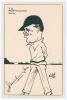 Thomas Stanley &lsquo;Stan&rsquo; Worthington. Derbyshire & England 1924-1947. Original pen and ink caricature of Worthington standing full length on the outfield, by &lsquo;Victad&rsquo; (&lsquo;The Cricket Artist&rsquo;, Vincent C. Tipping of Londonderry). Signed in ink by Worthington and