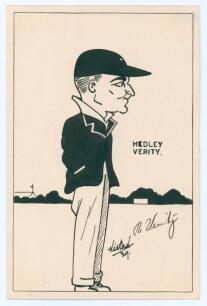 Hedley Verity. Yorkshire & England 1930-1939. Original pen and ink caricature of Verity standing full length on the outfield, by &lsquo;Victad&rsquo; (&lsquo;The Cricket Artist&rsquo;, Vincent C. Tipping of Londonderry). Signed in ink by Verity and the artist, dated 1939. 4.75&rdquo;x