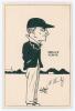 Hedley Verity. Yorkshire & England 1930-1939. Original pen and ink caricature of Verity standing full length on the outfield, by &lsquo;Victad&rsquo; (&lsquo;The Cricket Artist&rsquo;, Vincent C. Tipping of Londonderry). Signed in ink by Verity and the artist, dated 1939. 4.75&rdquo;x