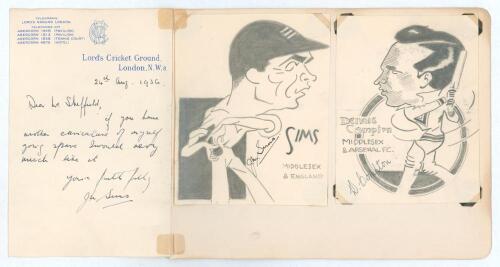 Middlesex. J.M. &lsquo;Jim&rsquo; Sims (Middlesex & England 1929-1952) and Denis Compton (Middlesex, England 1936-1958). Two nice original pencil caricatures by an artist named &lsquo;Sheffield&rsquo;, one of Sims in bowling pose, the other of Compton batting. Each artwork is ni
