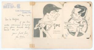 Middlesex. J.M. &lsquo;Jim&rsquo; Sims (Middlesex & England 1929-1952) and Denis Compton (Middlesex, England 1936-1958). Two nice original pencil caricatures by an artist named &lsquo;Sheffield&rsquo;, one of Sims in bowling pose, the other of Compton batting. Each artwork is ni