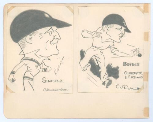 Gloucestershire. C.J. &lsquo;Charlie&rsquo; Barnett (Gloucestershire & England 1927-1948) and R.A. &lsquo;Reg&rsquo; Sinfield (Gloucestershire & England 1924-1939). Two nice original pencil caricatures by an artist named &lsquo;Sheffield&rsquo; in 1936, one of Barnett in fielding pose, the 
