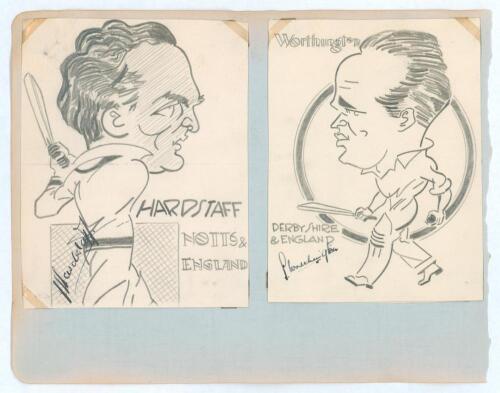 Joe Hardstaff Jr. (Nottinghamshire & England 1930-1955) and Stan Worthington (Derbyshire & England 1924-1947). Two nice original pencil caricatures by an artist named &lsquo;Sheffield&rsquo; in 1936, one of Hardstaff, the other Worthington, both in batting poses. Eac