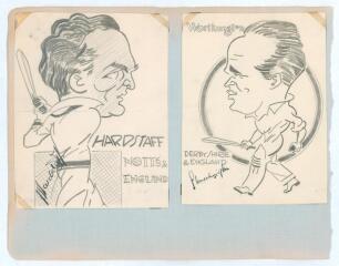 Joe Hardstaff Jr. (Nottinghamshire & England 1930-1955) and Stan Worthington (Derbyshire & England 1924-1947). Two nice original pencil caricatures by an artist named &lsquo;Sheffield&rsquo; in 1936, one of Hardstaff, the other Worthington, both in batting poses. Eac