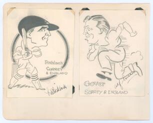 Surrey. L.B. &lsquo;Laurie&rsquo; Fishlock (Surrey & England 1931-1952) and A.R. &lsquo;Alf&rsquo; Gover (Surrey & England 1928-1947). Two nice original pencil caricatures by an artist named &lsquo;Sheffield&rsquo; in 1936, one of Fishlock in batting pose, the other of Gover sprinting in th