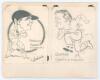 Surrey. L.B. &lsquo;Laurie&rsquo; Fishlock (Surrey & England 1931-1952) and A.R. &lsquo;Alf&rsquo; Gover (Surrey & England 1928-1947). Two nice original pencil caricatures by an artist named &lsquo;Sheffield&rsquo; in 1936, one of Fishlock in batting pose, the other of Gover sprinting in th