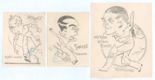 Yorkshire. W.E. &lsquo;Bill&rsquo; Bowes (Yorkshire & England 1929-1947), Frank Smailes (Yorkshire & England 1932-1948) and Brian Sellers (Yorkshire 1932-1948). Three nice original pencil caricatures by an artist named &lsquo;Sheffield&rsquo; in 1936, one of Sellers in batting p