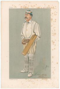 Andrew Ernest Stoddart. Middlesex & England 1885-1900. Signed Vanity Fair colour chromolithograph of Stoddart. &lsquo;A Big Hitter&rsquo;. July 9th 1892 by STUFF. Nicely signed by Stoddart in black ink to lower right border and dated by him 30/07/[19]03. Some foxing 