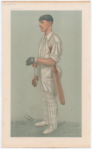 Gilbert Laird Jessop, Gloucestershire & England 1894-1914. Signed Vanity Fair colour chromolithograph of Jessop. &lsquo;The Croucher&rsquo;. July 25th 1901 by SPY. Nicely signed by Jessop in black ink to lower right border. Laid down to mount board, some fading to t