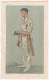 Gilbert Laird Jessop, Gloucestershire & England 1894-1914. Signed Vanity Fair colour chromolithograph of Jessop. &lsquo;The Croucher&rsquo;. July 25th 1901 by SPY. Nicely signed by Jessop in black ink to lower right border. Laid down to mount board, some fading to t