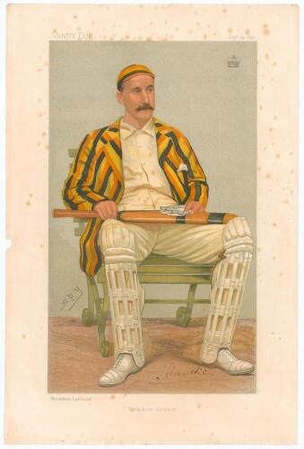 Lord Hawke, Cambridge University, Yorkshire & England 1882-1912. Signed Vanity Fair colour chromolithograph of Hawke. &lsquo;Yorkshire Cricket&rsquo;. 24th September 1892 by SPY. Nicely signed by Hawke in black ink to lower right border. Some foxing to border and to 