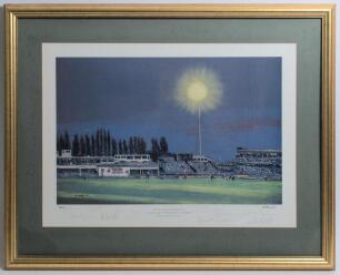 &lsquo;The First Competitive Day/Night Match. AXA Life League- Warwickshire v Somerset&rsquo; 1997. Large limited edition colour print from the original by the artist C.B. Flinders of the first official day/ night match to be played in England, depicting the match in