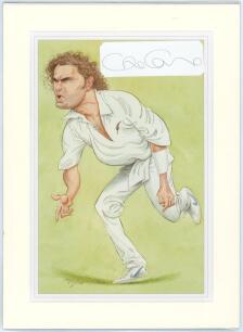 New Zealand &lsquo;Cricket Characters. The Cricketer Caricatures of John Ireland&rsquo; 1987 & 2000. Seven bookplate prints of caricatures of New Zealand Test cricketers by John Ireland, each print individually mounted with signature of the featured player laid down 