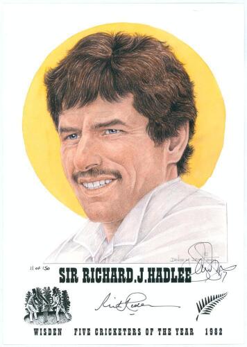 New Zealand Test Cricketers. Denise Dean. Eight individual colour prints by artist Denise Dean of New Zealand Test Cricketers, each signed by the artist. Includes four prints from the series &lsquo;Wisden Five Cricketers of the Year&rsquo;, each limited to 150 copies