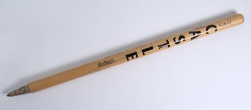 England tour to South Africa 1995/96. Cricket stump with &lsquo;Castle&rsquo; brewery sponsor&rsquo;s logo applied. Signed in black ink by eleven England players. Signatures are Mike Atherton (Captain), Alec Stewart, Angus Fraser, Graeme Hick, Mike Watkinson, Peter Martin,