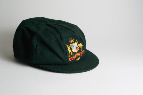 Australian dark green wool Test cap embroidered with the Australia emblem and below &lsquo;1972&rsquo; in gold thread. Size label inside cap &lsquo;7&rdquo;. Internally appears to have been match worn and in good condition. Ownership unknown.