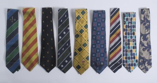 Cricket ties. A good selection of over thirty seven ties. Includes two M.C.C. members&rsquo; ties, one &lsquo;bacon and egg&rsquo;, the other a City tie. &lsquo;Dickie Bird&rsquo;s Last Stand. England v India, Lord&rsquo;s 1996&rsquo;. England home Test series 1985, 1993 v Australia, 1991 v West 